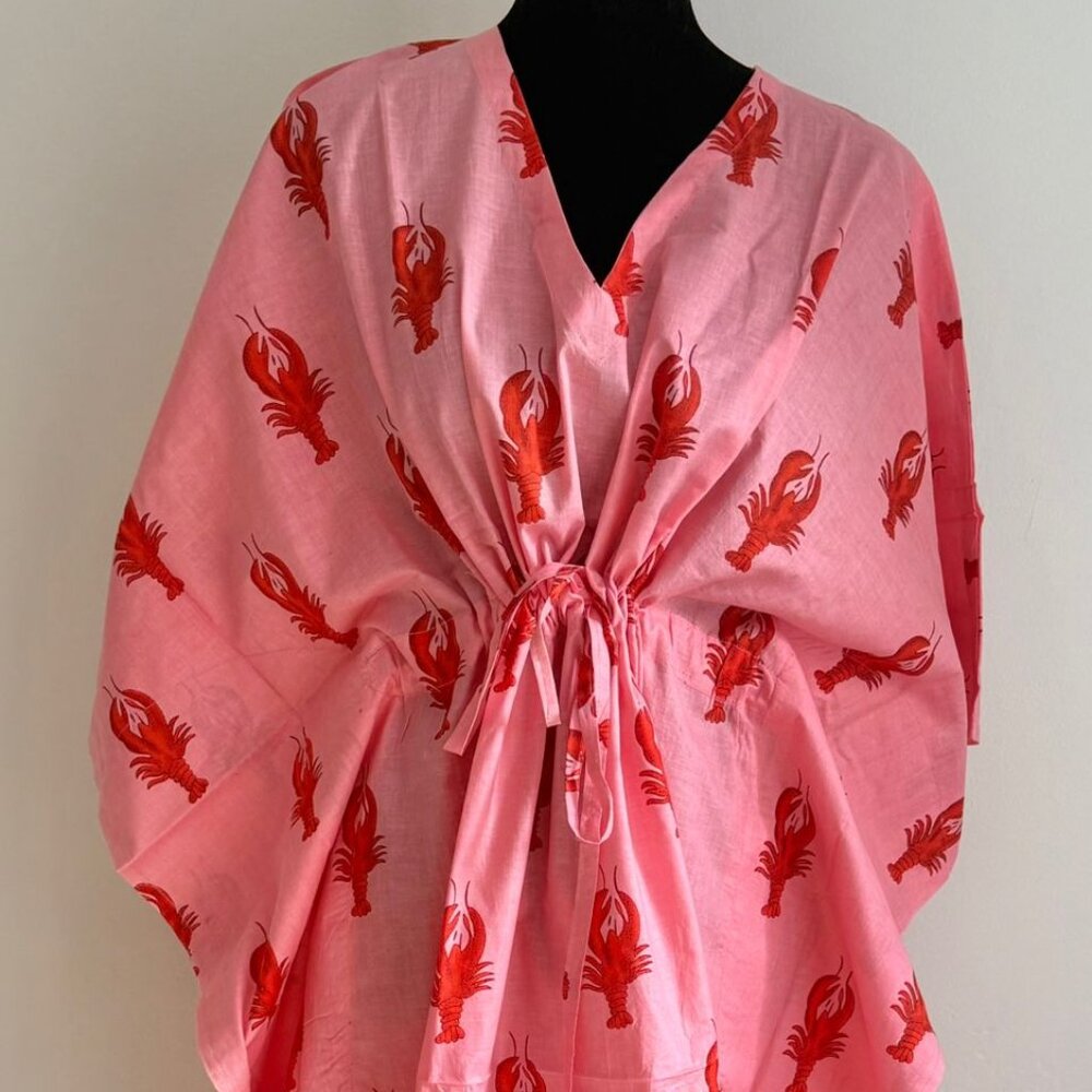 BRAND NEW Pink Holiday Kaftan Dress Winter Style Gift Hand Block Printed Caftan - Picture 2 of 5